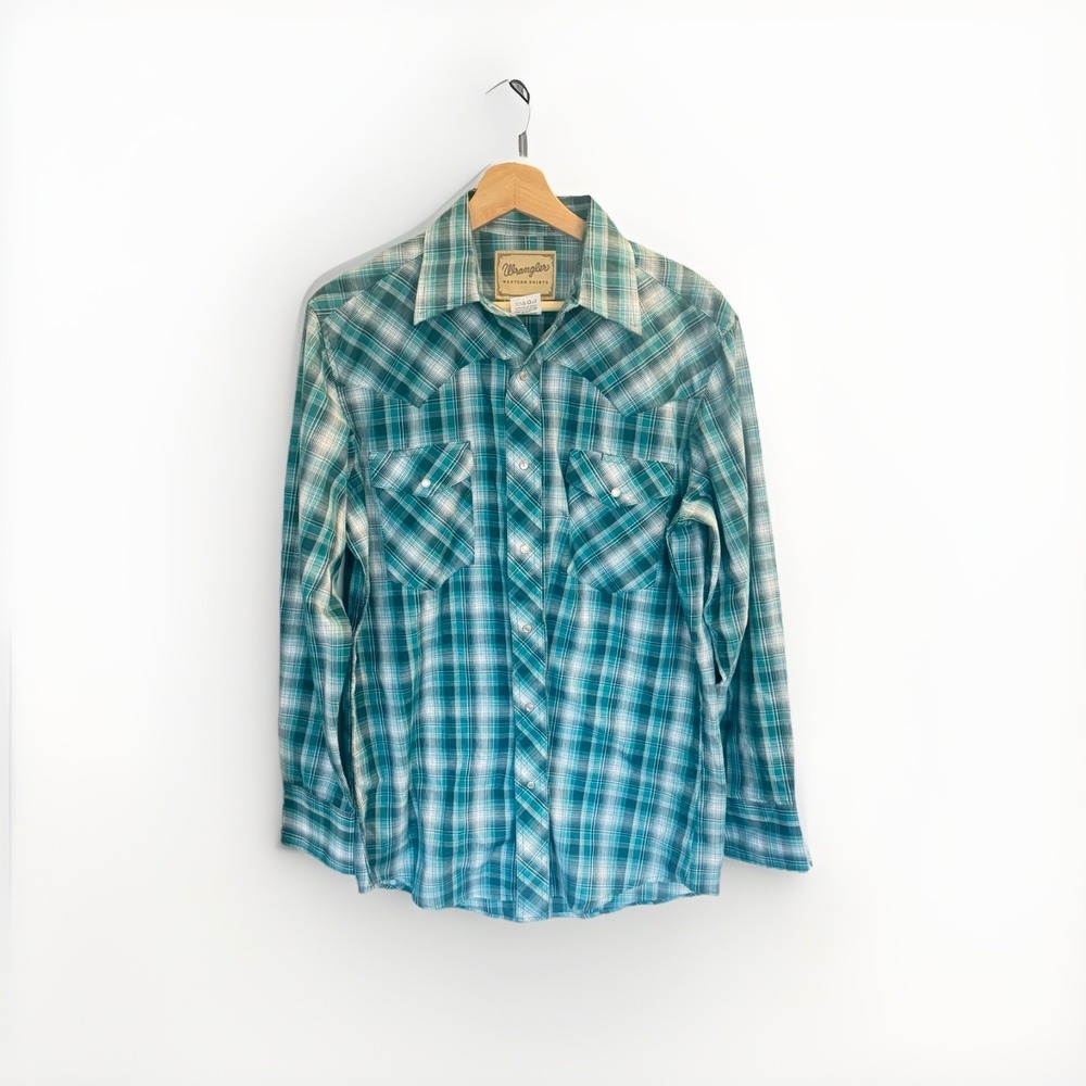 Wrangler Western Shirt Men Medium Cowboy Teal Pearl Snap Retro Modern Plaid